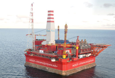 Gazprom’s Prirazlomnoye oil platform, located 60 kilometres offshore of northwest Russia, is considered the first Arctic-class ice-resistant oil platform in the world. (IMAGE COURTESY OF GAZPROM)