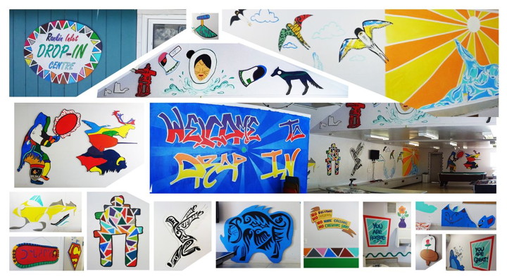 Plywood transformed into art: thanks to a Nunavut Arts and Crafts Association grant, the Rankin Inlet Youth Centre has been transformed into a gallery of original art made by youth (examples pictured above). The Kivalliq Youth Mural Project, which took place in Rankin Inlet, Arviat and Baker Lake during the month of March, attracted about 20 teenagers and twenty-somethings from each community and proved to even some of the more cynical youth that creativity and artistic expression live within everyone, said art educator and mural coordinator Pascale Arpin. See story later on nunatsiaqonline.ca. (PHOTO BY PASCALE ARPIN)