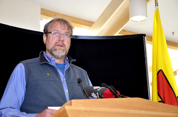 John Vander Velde, vice chairperson and director at the Workers’ Safety and Compensation Commission of the NWT and Nunavut, speaks April 28 before an audience of about 15 people inside Nunavut's Legislative Assembly building, at an event marking the National Day of Mourning for those injured or killed in the workplace. Read more on Nunatsiaqonline.ca. (PHOTO BY DAVID MURPHY)