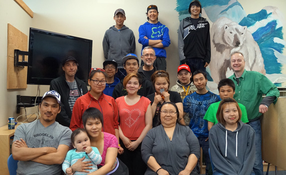 Members of the Arviat Film Society pose with filmmaker Ole Gjerstad, second from top row at the centre, and Elisapee Karetak of the Ahiarmiut group, bottom row, second from right, who spoke to the group May 8 at John Arnalukjuak high school. Gjerstad and Karetak talked about a new film they're working on about Ennadai Lake and the relocations the Ahiarmiut endured at the hands of the federal government, starting in the 1940s. Read more about the project at Nunatsiaqonline.ca. (PHOTO COURTESY OF THE AFS)