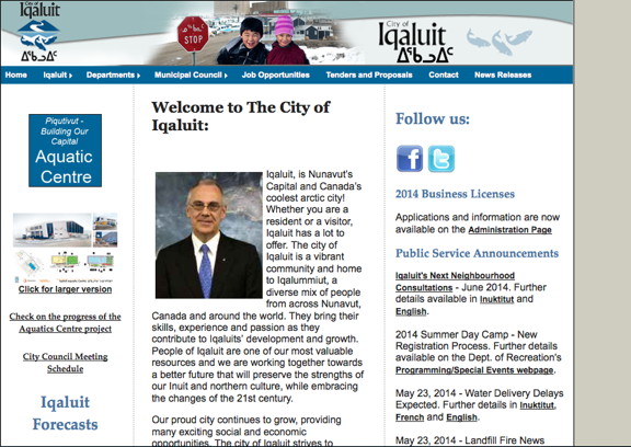 A proposal to replace the City of Iqaluit’s website, pictured, with a multi-functional new one costing up to $100,000 sparked debate in city council. (SCREENSHOT)