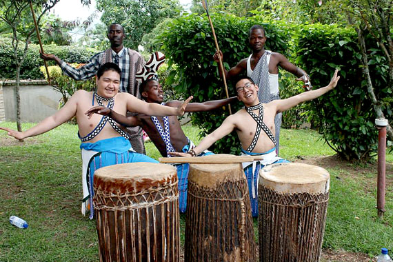 Nunavut Sivuniksavut students Terry Milton of Pond Inlet (left) and Jari Aariak of Iqaluit show the same joy that Rwandan dancers exhibit when performing traditional dances. The two students, along with five classmates and two instructors, are in the middle of a 10-day cross-cultural visit to Rwanda. The photo was taken at the Azizi Life centre, which is dedicated to sharing Rwandan culture with visitors to the county. (PHOTO COURTESY OF NUNAVUT SIVUNIKSAVUT)