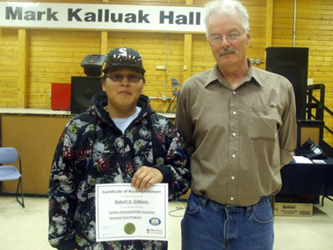 Arviat drilling student Robert Gibbons, left, poses with his drilling instructor Rob Hood after completing a diamond drilling course. The two men were found late May 13. (PHOTO COURTESY OF HARMONY HOOD)