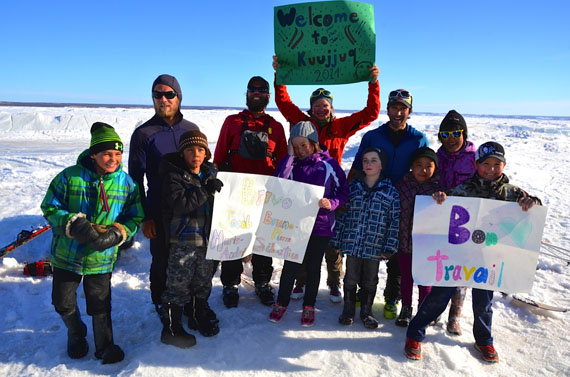 Four months and 2,000 kilometres later, Projet Karibu's cross-country skiers Jacob Racine, Bruno-Pierre Couture, Sébastien Dugas and Marie-Andrée Fortin made it to their destination May 5, with a warm welcome from local students. Here, the group poses along the Koksoak River with Kuujjuamiut youth, who came out to greet the group as they skied into town. (PHOTO BY ISABELLE DUBOIS)