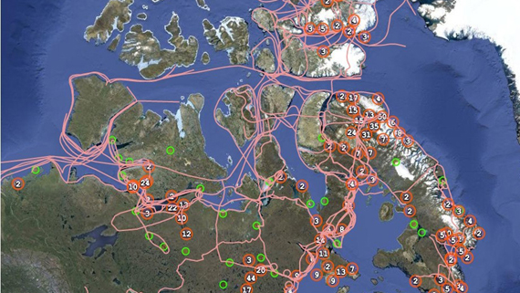 Here's a view of the many trails documented as part of the Pan Inuit Trails project, which gathered information on historical travel routes from Inuit elders. (PHOTO COURTESY OF PAN INUIT TRAILS)