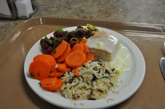Lunchtime at Meadowbank: salmon pie in a bechamel sauce, served with wild rice, steamed carrots and a beet salad. (PHOTO BY SARAH ROGERS) 