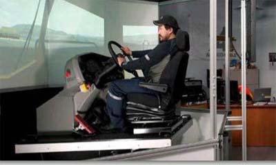 This simulator, located at Meadowbank’s mine site, helps train new haul equipment operators navigate different scenarios. (PHOTO COURTESY OF AGNICO EAGLE)