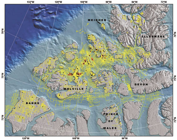 This map shows the extent of seismic testing around the High Arctic in the 1960s and 1970s, then done with dynamite. (SOURCE: CANADIAN SOCIETY FOR EXPLORATION GEOPHYSICS)