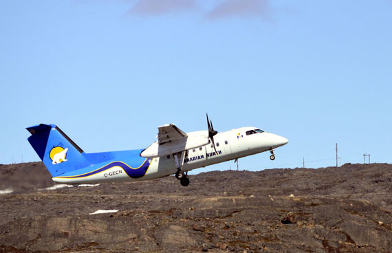 A Canadian North Dash 8, like this one pictured taking off from Iqaluit last year, experienced engine failure on a scheduled flight in the Kitikmeot region earlier this week. (FILE PHOTO) 