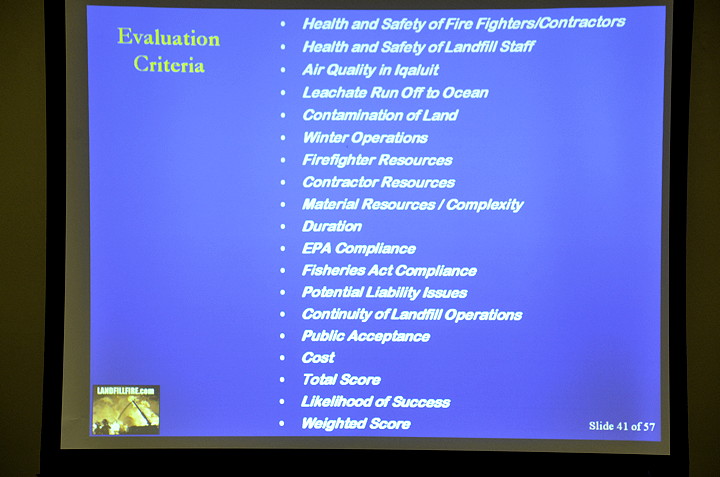 The evaluation criteria Dr. Tony Sperling used to determine the best solution for Iqaluit's 44-day-old dump fire. (PHOTO BY DAVID MURPHY)