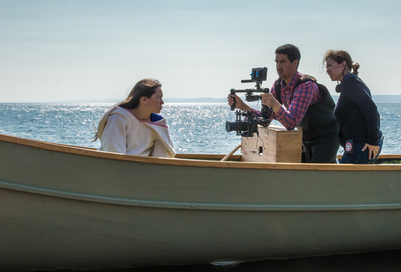 Iqaluit filmmaker Alethea Arnaquq-Baril, right, directs a scene in her new film Aviliaq with director of photography Qajaaq Ellsworth and lead actress Miali Buscemi. The film aims to revive dialogue on the Inuit practice of having multiple partners. (PHOTO COURTESY OF SHAWN INUKSUK) 


