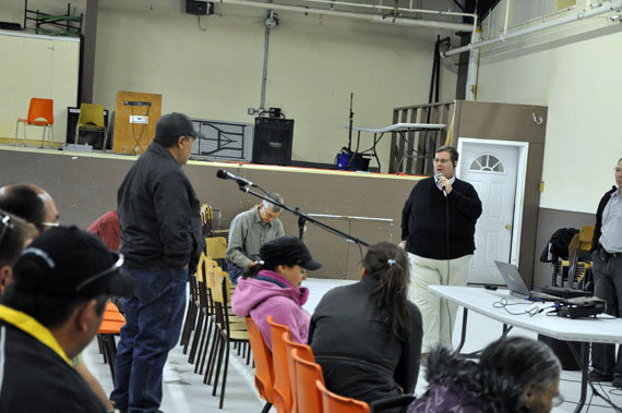 A resident of Rankin Inlet asks a question at community consultation hosted in the community this past June on Agnico Eagle Mines' proposed Meliadine gold mine. Final hearings on the project will be held in Rankin Inlet Aug. 21-27. (PHOTO BY SARAH ROGERS)
