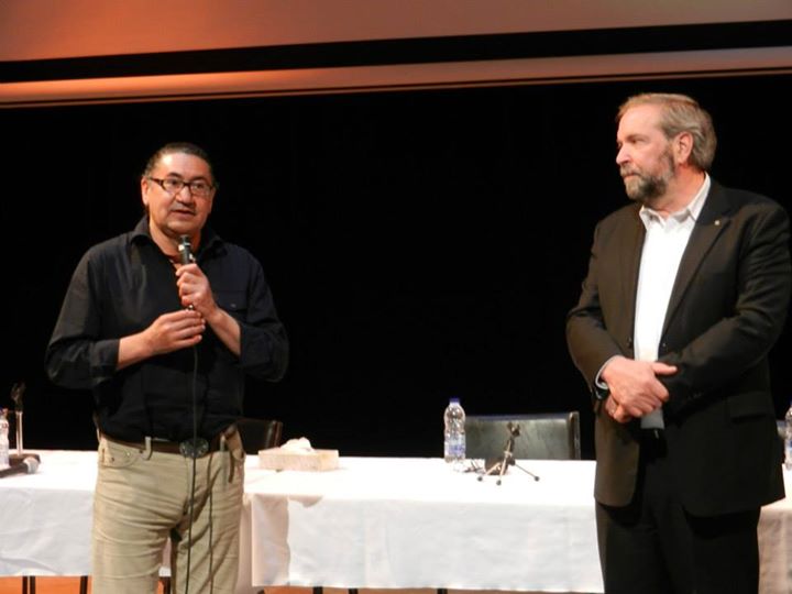Thomas Mulcair and Romeo Saganash at a public meeting they held June 26, 2013, during a visit to Kuujjuaq.