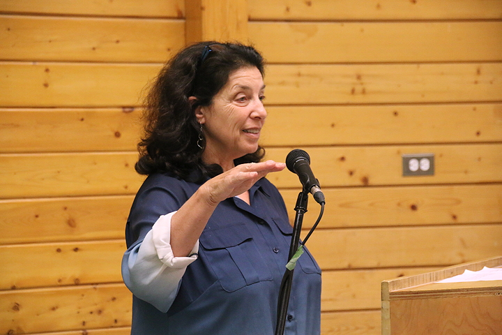 Risa Smith, CAFF Chair, speaks to about 50 people during the Arctic Council Night at the Cambridge Bay community hall on August 27th. (PHOTO BY KELCEY WRIGHT)