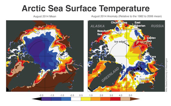 Arctic sea ice extent for September 15, 2014 was 5.07 million square kilometres. The orange line shows the 1981 to 2010 average extent for that day. The black cross indicates the geographic North Pole. (IMAGE COURTESY OF THE NSIDC)