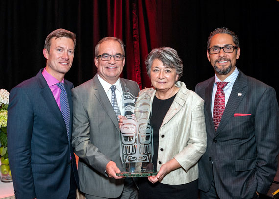 Mary Simon, Canada's first circumpolar ambassador and a lead negotiator for the creation of the Arctic Council, receives the 2014 award for excellence in aboriginal relations from the Canadian Council for Aboriginal Business, in a ceremony held Sept. 25 in Vancouver, at the CCAB's annual gala.