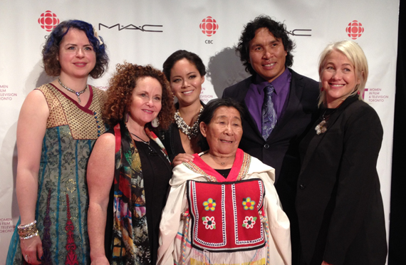Nunavut filmmakers pose on the red carpet at the Toronto International Film Festival Sept. 11. Second from left, Ellen Hamilton, Nyla Innuksuk and Johnny Issaluk, the cast and crew of the Iqaluit film Kajutaijuq: The Spirit That Comes, are attending the festival this week for the film's premiere. In front, Madeleine Ivalu and Marie-Hélène Cousineau, co-directors of the feature film, Uvanga, were honoured as 2014 Women in Film by Telefilm Canada Sept. 11. (PHOTO COURTESY OF ARNAIT VIDEO)