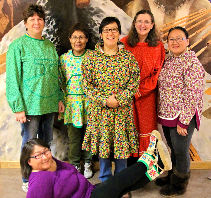 Teachers at Kullik Ilihakvik elementary school in Cambridge Bay celebrated Inuit culture Sept. 16 by wearing traditional clothing for Traditional Dress Day. From left, Debbie Gray, Rosie Kupeuna, Hatok Kapolak, Roni Ohokannoak, Navalik Blewett and Pudjuk Angohiatok (in the front). (PHOTO BY KELCEY WRIGHT)