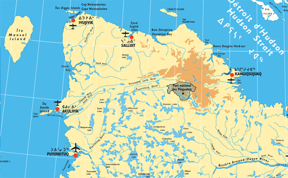 This map shows the Kovik River watershed, where the river flows into the Hudson Bay, between Ivujivik and Akulivik. (IMAGE COURTESY OF NUNAVIK TOURISM)