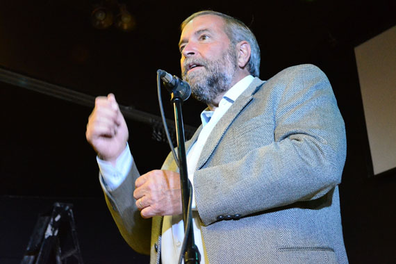 Thomas Mulcair, the national leader of the New Democratic Party and the leader of the official opposition in the House of Commons, speaks Sept. 2 in Iqaluit at a town hall event. Mulcair said that, if elected, an NDP government would call an inquiry into missing and murdered indigenous women within its first 100 days. (PHOTO BY JIM BELL)
