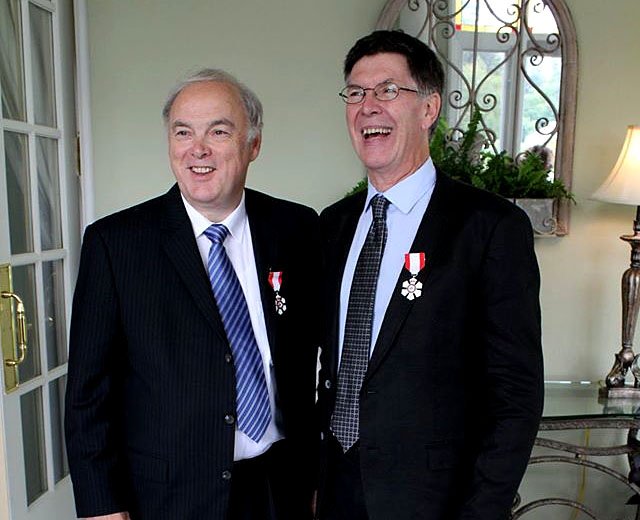 Murray Angus, left, acting coordinator of Nunavut Sivuniksavut, and Morley Hanson, who was on leave from the NS coordinator's position last year so he could volunteer with the Kigali Genocide Memorial in Rwanda, became members of the Order of Canada during a ceremony with Governor General David Johnston at Rideau Hall Sept. 10. Nunavut Sivuniksavut is an Ottawa-based college that focuses on training young Inuit to be leaders in their community by teaching them about Inuit history and politics and preparing them for further post-secondary education. (PHOTO COURTESY NS)
