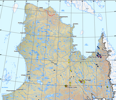This map shows where uranium is being explored in Nunavik; the diamonds indicate uranium deposits while the stars show early exploration projects. (PHOTO COURTESY THE QUEBEC GOVERNMENT)