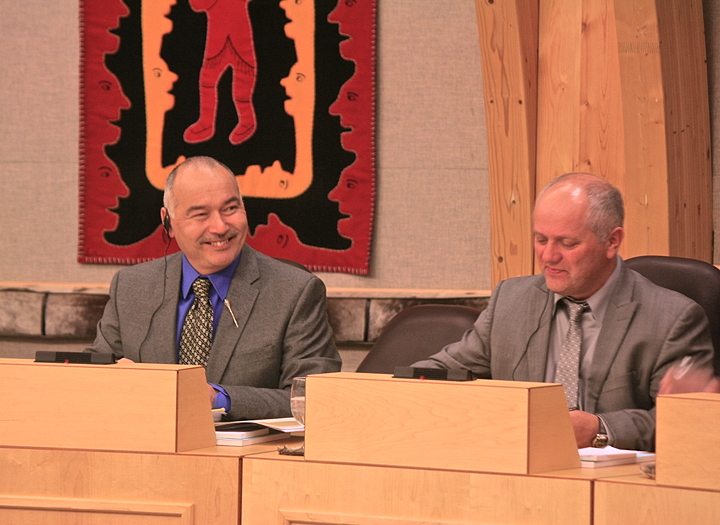 Joe Savikataaq, MLA for Arviat South, left, says it’s time for the government to increase the polar bear harvest quota in his region, where the bears have appeared in unusually high numbers this fall. Hudson Bay MLA Allan Rumbolt, right, says a recent decrease in his region’s quota has affected hunters’ livelihoods. (PHOTO BY PETER VARGA)
