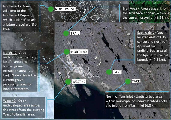 Iqaluit city council approved a contract, Oct 14, to build a $2.9 million road to the Northwest site, top left in this image, where the city will build its next landfill and quarry. (FILE IMAGE)