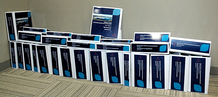 AREVA Resouces Canada just submitted its final environmental impact statement for its proposed Kiggavik uranium mine near Baker Lake. This photo of the printed binders ran with the company's news release, on their website. (PHOTO COURTESY KIGGAVIK.CA)