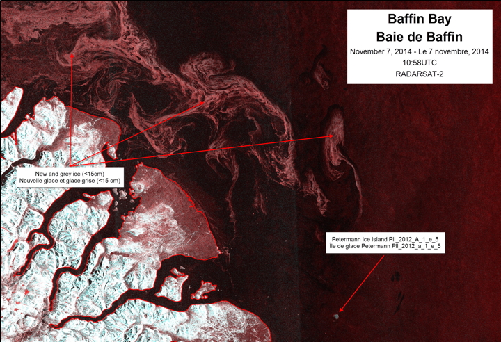 A recent processed image created by the Canadian Ice Service which shows ice forming off the coast of Baffin Island near Clyde River Nov. 7. The CIS is hoping to provide much more detailed satellite radar images to northern communities in a three-year pilot project currently under way. (CANADIAN ICE SERVICE IMAGE)