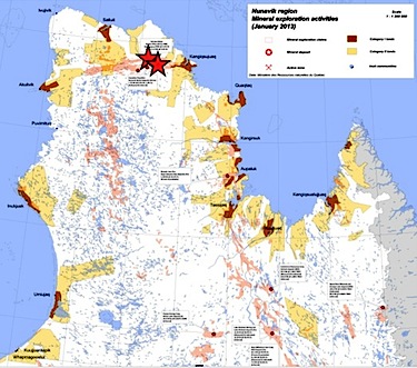 This 2013 map from the Nunavik Mining Exploration Fund shows Nunavik's Raglan and Nunavik Nickel mines (marked with stars) as well as the other mining projects in development around the region.