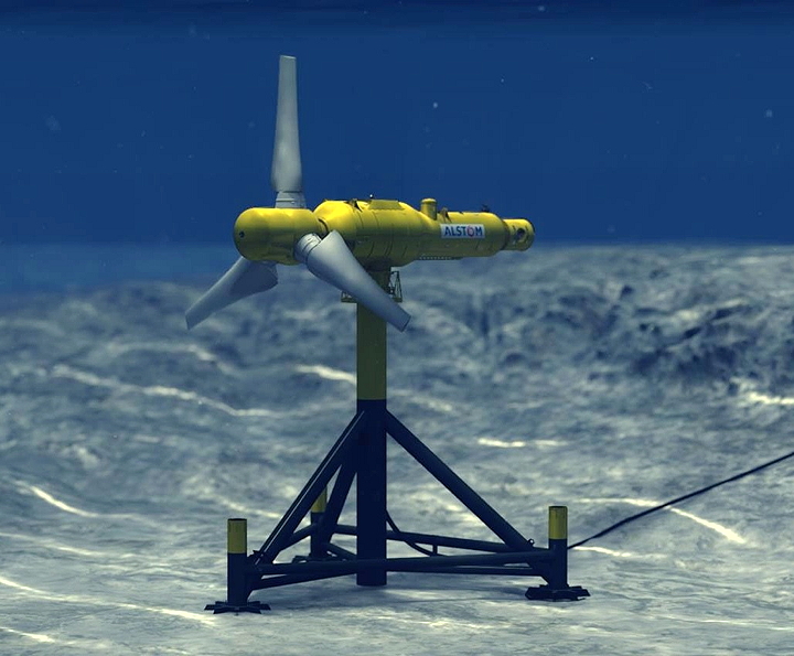 Apqak Renewable Energy Inc. proposes to generate electricity from tidal currents in Frobisher Bay, using turbines on the seafloor. This model from General Electric-Alstom has blades about nine metres long and operates at a depth of up to 40 metres. (IMAGE COURTESY OF ALSTOM/FACEBOOK)