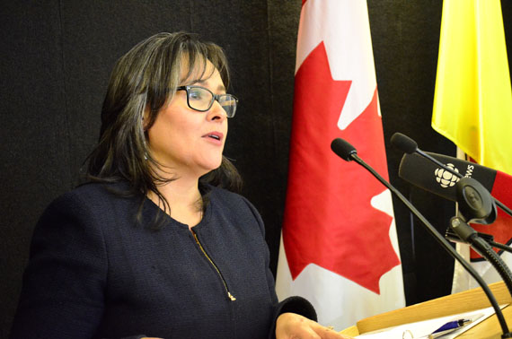 Leona Aglukkaq, the Nunavut MP and federal environment minister, speaking in Iqaluit this past fall. At a Dec. 8 speech in Lima, Peru, she said governments should incorporate traditional Aboriginal knowledge into environmental decision-making. (FILE PHOTO)
