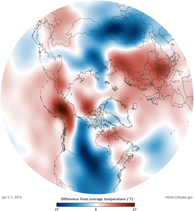 This NOAA map shows the deviation from average air temperatures measured from Jan. 5 to Jan. 7, 2014, due to the