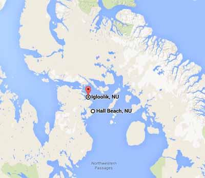 A family of three left Hall Beach Dec. 28 en route to Igloolik, roughly 70 kilometres away, but has yet to arrive. (GOOGLE  MAPS)