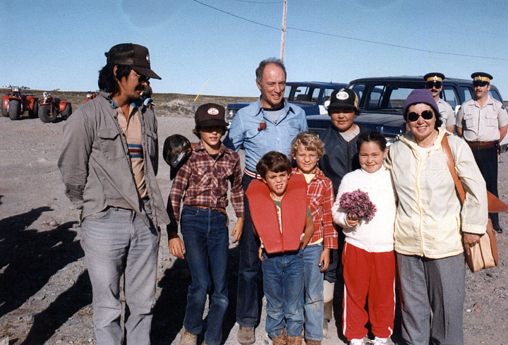While next month will mark his first visit to Nunavut as leader of the Liberal Party of Canada, Justin Trudeau made several visits north with his brothers and his father, Pierre. Here is Justin, standing just to the right of Peter Ittinuar, then the Liberal MP for Nunatsiaq, in 1983 while on a visit to Rankin Inlet. With him are his brothers, the late Michel Trudeau and Alexandre Trudeau. (FILE PHOTO)