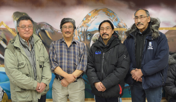 From left, Nunavut's Community and Government Services minister Tom Sammurtok, Amittuq MLA George Qulaut, Igloolik mayor Peter Ivalu, and Aggu MLA and Education Minister Paul Quassa pose in front of a walrus mural in the lobby of the new Igloolik community hall as part of a Jan. 14 inauguration ceremony. “Igloolikmiut indicated that they wanted a venue where the community can showcase locally produced films and theatrical performances,