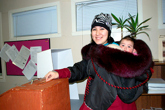 Nikita Etok cast a ballot in the last Makivik Corp. presidential election in January 2012 from her hometown of Kangiqsualujjuaq.  (PHOTO BY HEATHER ETOK)