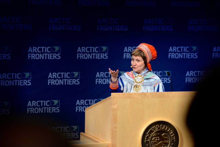 Aili Keskitalo, president of Norway's Saami Parliament, speaks Jan. 19 to more than 1,300 participants attending the Arctic Frontiers 2015 conference in Tromsø, Norway. Arctic Frontiers sessions, held Jan. 19 to Jan. 23 at the High North Research Centre for Climate and the Environment (Fram Centre), will look at policy, business and science issues around sustainable economic development in the Arctic. You can listen to the conference via a live-stream at http://www.arcticfrontiers.com. (PHOTO COURTESY ARCTIC FRONTIERS)