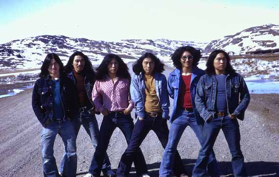 Members of Salluit's Sugluk band pose outside the Nunavik community in this circa 1970 photo. From left, Willie Keatainak, George Kakayuk, Tayara Papigatuk, Mark Kadjulik, Putulik Papigatuk and Sandy Kakayuk. (PHOTO COURTESY OF P.PAPIGATUK)