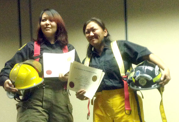 Tukasie Cookie-Brown of Kuujjuaraapik and Annie Mary Anowak of Umiujaq celebrate passing their Firefighters 1 Training at a ceremony in Puvirnituq last November. Earning that certification is no easy feat — it required 300 hours of training and testing both in and outside of the region. Cookie-Brown and Anowak are also the first Nunavimmiut women to receive their certification. Read more about them next week on Nunatsiaqonline.ca. (PHOTO COURTESY OF T. COOKIE-BROWN)