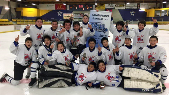 The Nunavik Nordiks Bantams celebrate victory Feb.8 in Saint-Raymond, Quebec when the team won the local tournament's Bantam A championship. This is the second consecutive championship for the team, a member of the Nunavik Youth Hockey Development Program. (PHOTO COURTESY OF THE NYHDP)