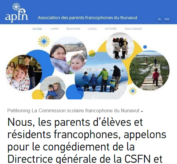 Nunavut’s association of francophone parents submitted this petition to the department of education Feb. 3 asking for the resignation of the territory’s French school board director and elected commissioners.