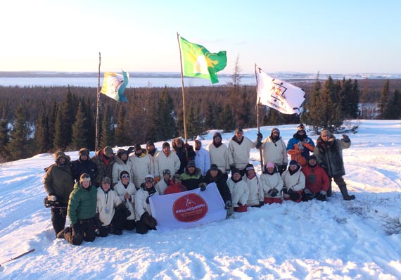 The Innu Meshkenu project's 19 walkers and eight technicians/guides pose for a photo ahead of their arrival in Kuujjuaq March 25. (PHOTO COURTESY OF MATHIEU GRAVEL)