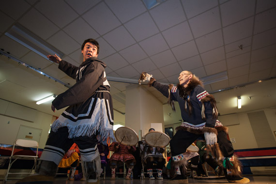 Jamie Takkiruq, Jerry Puglik and the Kitikmeot drummers drum dance for delegates of the Inuugatta Language Conference, which wrapped up in Iqaluit Feb. 27. The conference was hosted in part by Nunavut's Languages Commissioner Sandra Inutiq and the territory's minister of languages George Kuksuk, in collaboration with Nunavut Tunngavik Incorporated and the Inuit Uqausinginnik Taiguusiliuqtiit. Inuugatta brought together over 70 participants from around Nunavut, other areas of the circumpolar world, and Canada. The GN will produce a report from the conference with points on how to further revitalize and strengthen the use of Inuktut. (PHOTO COURTESY OF THE GN)
