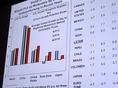 This graph — one of many which Scotiabank's Patricia Mohr showed during her April 14 keynote speech to the Nunavut Mining Symposium, shows the year-to-year change of the main players in the global economy. (PHOTO BY JANE GEORGE)