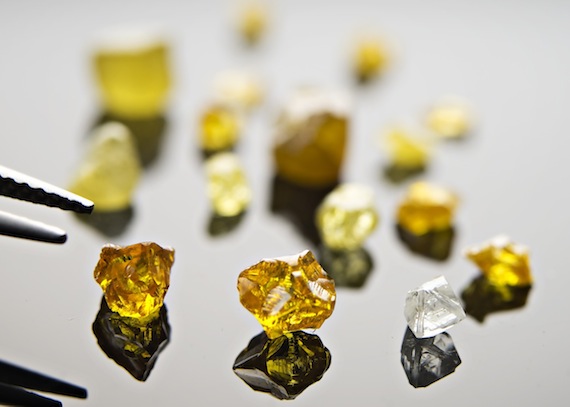 These yellow diamonds from Nunavut's Kivalliq region could supply a rare market for jewellery. North Arrow Minerals Inc. found the yellow diamonds at the Qilalugaq Project site, north of the community of Naujaat.  Read more about this diamond project, discussed at this week's Nunavut Mining Symposium in Iqaluit, on Nunatsiaqonline.ca. (PHOTO COURTESY OF NORTH ARROW MINERALS)