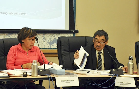 Aisara Kenuajuak is pictured here in February 2015, chairing a Kativik Regional Government council meeting in Kuujjuaq alongside KRG chair Maggie Emudluk. Kenuajuak died April 12. (PHOTO BY SARAH ROGERS)