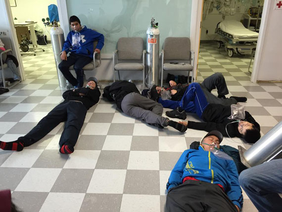  NYHDP players are treated with oxygen at Kangiqsualujjuaq’s health centre April 11 after coming down with headaches and sore throats after they are believed to have been poisoned by nitrogen dioxide leaking from a refrigeration system at the local hockey arena. No one was seriously injured. (PHOTO COURTESY OF NORDIKS NYHDP) 