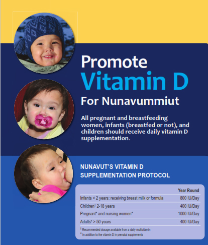 Nunavut’s vitamin D supplement protocol recommends infants under two years of age take a daily supplement of 800 international units (IU), offered free through the territory’s health centres.